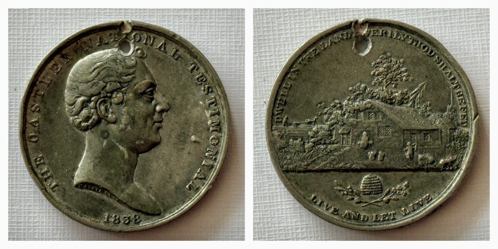 Commemorative coin. Front, a man’s head (Richard Oastler) with text as in the caption. Back, a farm scene and beehive with text ‘live and let live’.